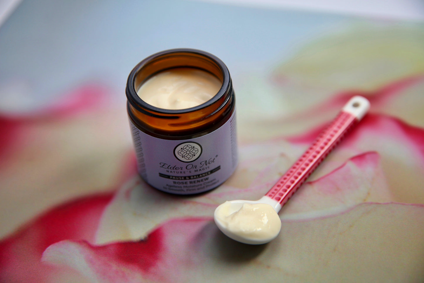 Menopause Rose Renew Ageless Moisture Cream to Smooth Firm and Protect open pot with spoon 60ml