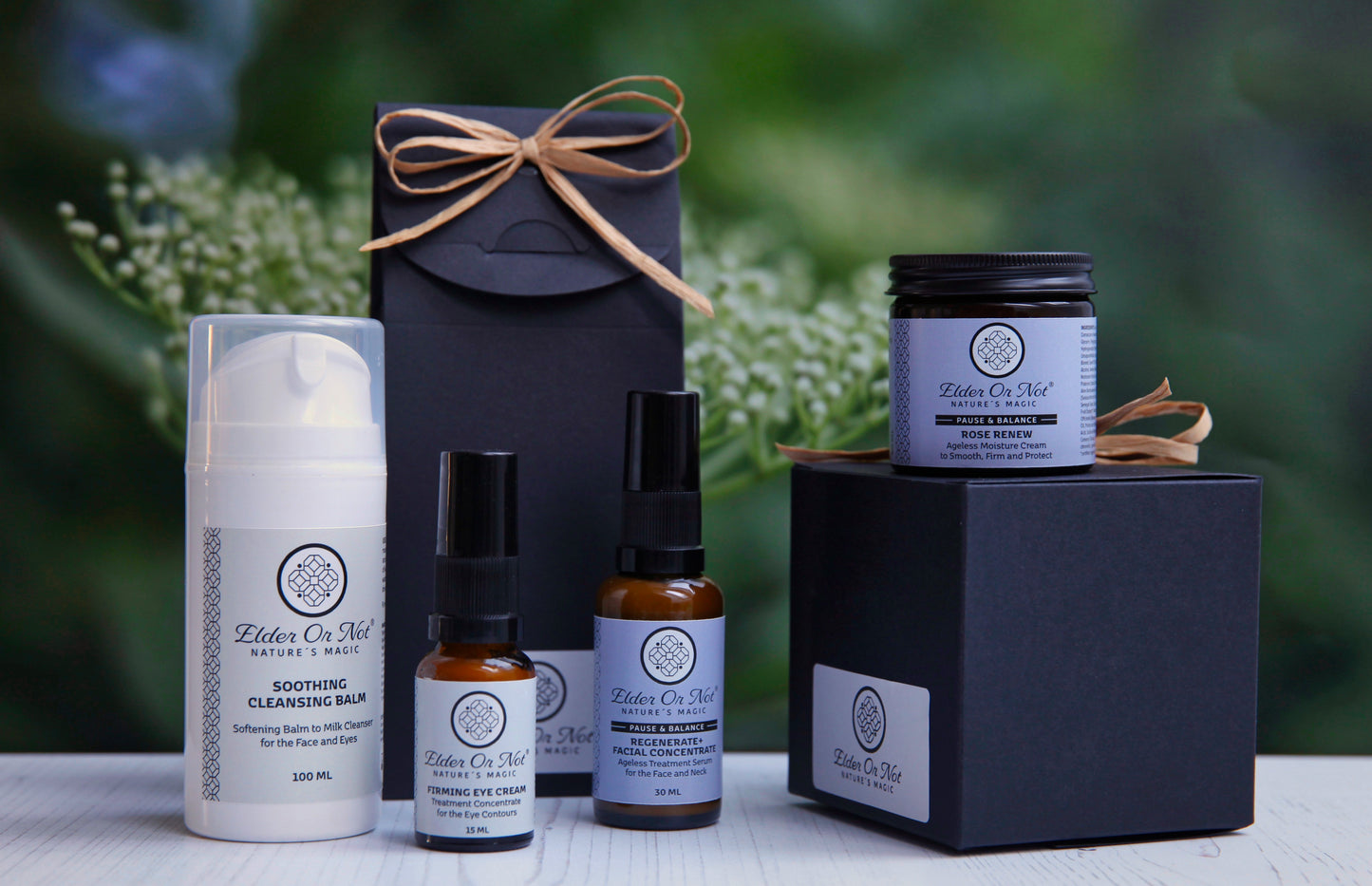 Elder Or Not Skincare Menopause Pause & Balance Summer Collection 4 products Soothing Cleansing Balm Firming Eye Cream Regenerate+ Facial Concentrate and Rose Renew