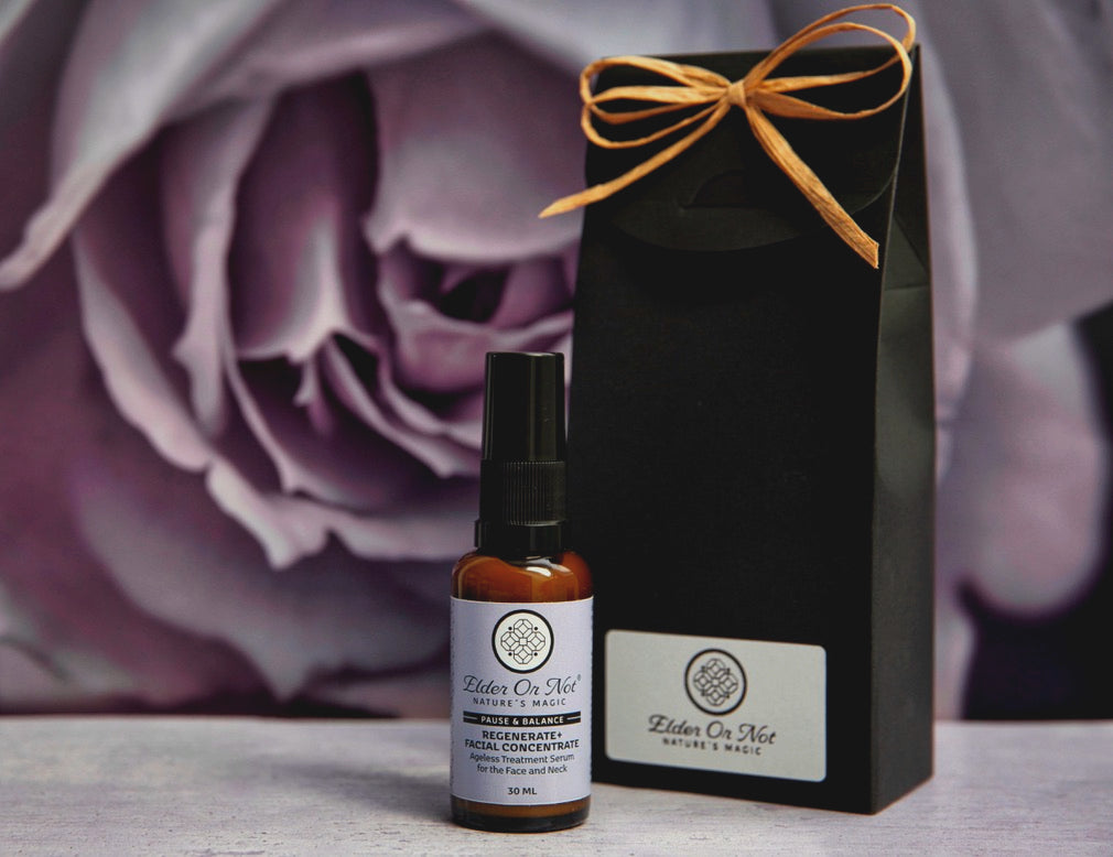 Regenerate+Facial Concentrate with gift wrap black pinch top pouch box